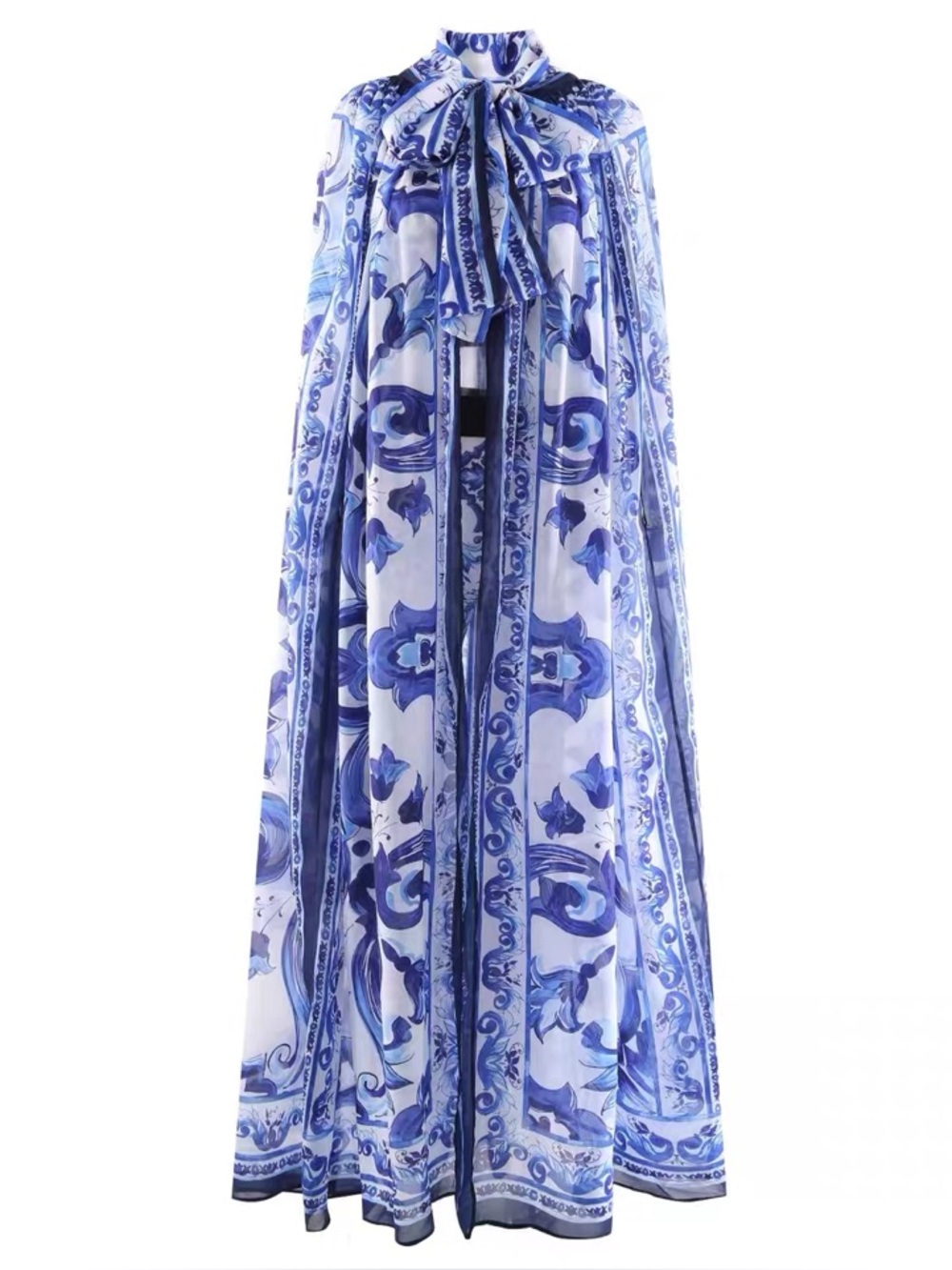 Designer-style Majolica Print Chiffon Cape - Blue 150cm Long